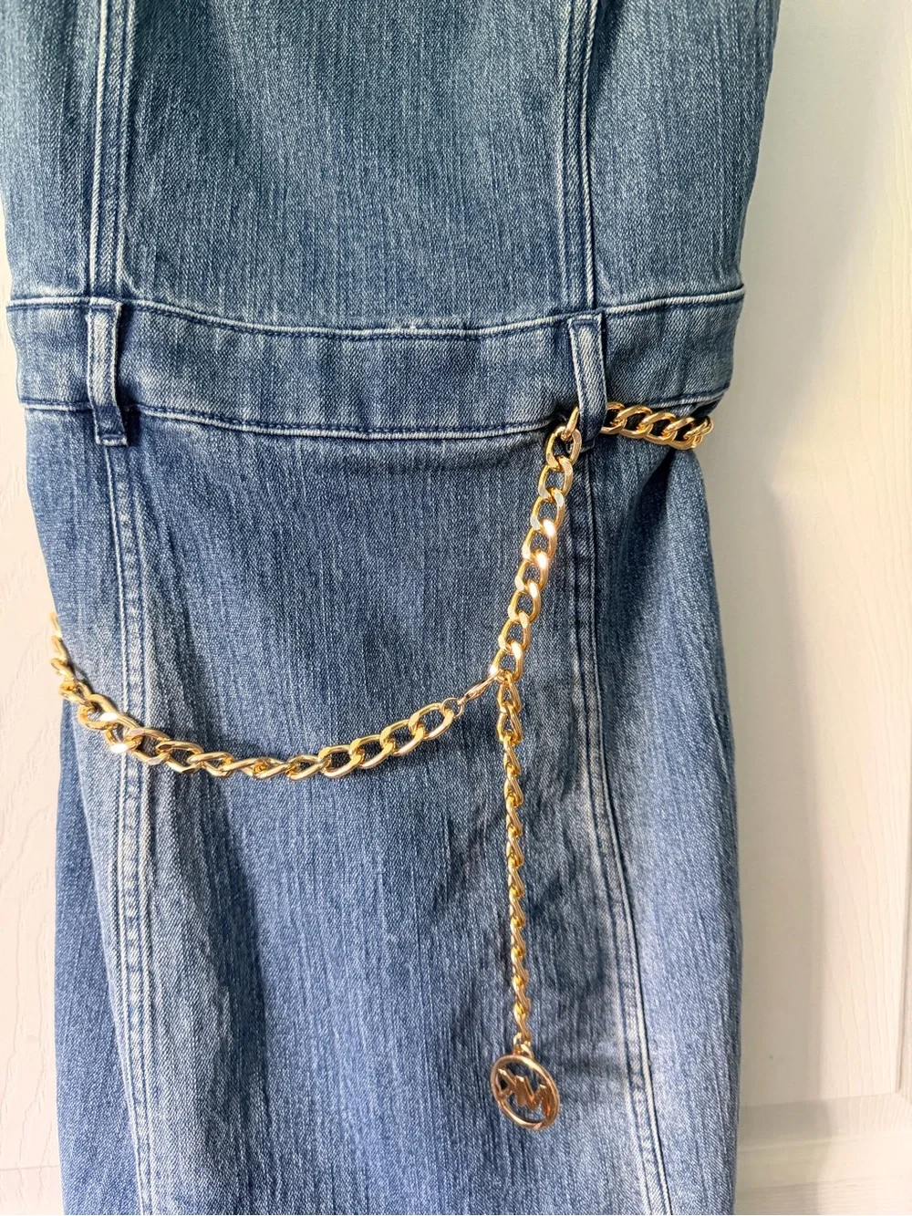 Michael Kors Denim Strapless Dress with Gold Chain Detail